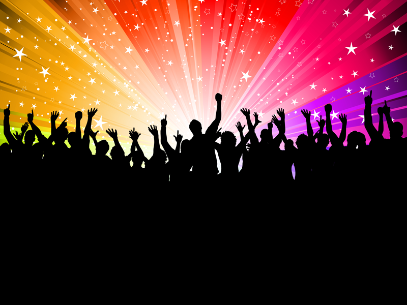 Party mit buntem Sternenhimmel und schwarzer Silhouette von Teilnehmern