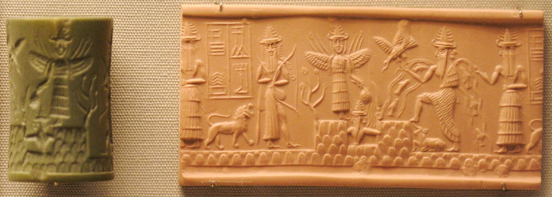 Das Adda Siegel (Britisches Museum) mit Enki, summerischer Gott des Wassers und Vater von Ninkasi